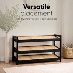 Black  Shoe Rack 3 Tier Bamboo Rattan Stylish Functional Shoe Storage Organiser - thumbnail 4