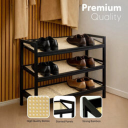 Black  Shoe Rack 3 Tier Bamboo Rattan Stylish Functional Shoe Storage Organiser - thumbnail 3