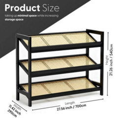 Black  Shoe Rack 3 Tier Bamboo Rattan Stylish Functional Shoe Storage Organiser - thumbnail 2