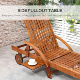 Outsunny Wood Sun Lounger Chaise Bed Back Footrest Patio Furniture W/ Wheels - thumbnail 6
