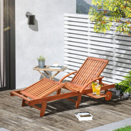 Outsunny Wood Sun Lounger Chaise Bed Back Footrest Patio Furniture W/ Wheels - thumbnail 1