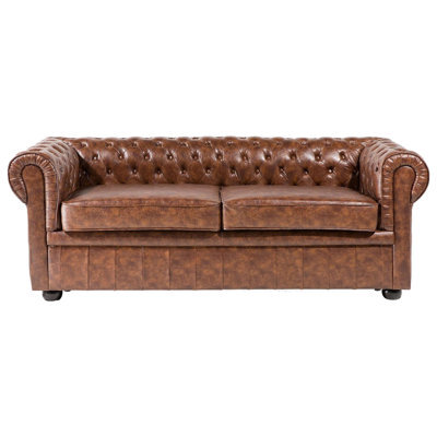 Beliani Sofa 3 Seater Chesterfield Faux Leather Golden Brown - image 1