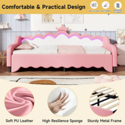 Abrihome Cream White & Pink Single Daybed With Led Crown Headboard - Pull-Out Trundle Sofa Bed Frame, Pu Leather For Living Room/bedroom - thumbnail 5
