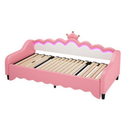 Abrihome Cream White & Pink Single Daybed With Led Crown Headboard - Pull-Out Trundle Sofa Bed Frame, Pu Leather For Living Room/bedroom - thumbnail 9