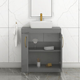 Royal Bathrooms Turin 800mm Floor Standing Vanity Unit 2 Door Indigo Grey Gloss & Countertop Basin - Cube With Brushed Brass Handle - thumbnail 3