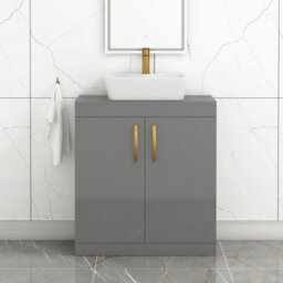 Royal Bathrooms Turin 800mm Floor Standing Vanity Unit 2 Door Indigo Grey Gloss & Countertop Basin - Cube With Brushed Brass Handle - thumbnail 1