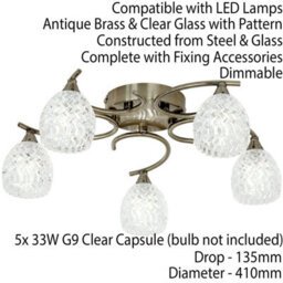 Semi Flush Ceiling Light Brass Textured Glass 5 Bulb Hanging Pendant Lamp Shade - thumbnail 2