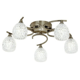 Semi Flush Ceiling Light Brass Textured Glass 5 Bulb Hanging Pendant Lamp Shade - thumbnail 1
