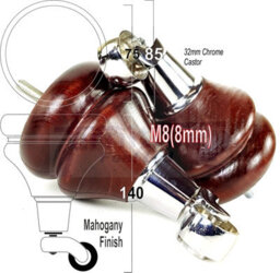 L&F 4 Mahogany Furniture Legs Wood Replacement Feet With Chrome Castors 140mm High Chair Sofa M8 - thumbnail 2
