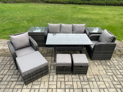 Fimous 9 Pcs Rattan Outdoor Garden Furniture Set Rectangular Dining Table And Chair Sofa Set With 2 Side Tables 3 Footstools - image 1