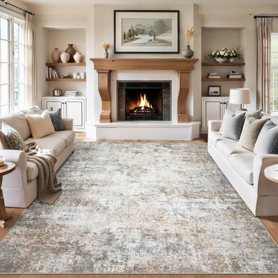 5X7 Area Rug Beige Abstract Modern Washable, Non Slip, Soft Low Pile, Indoor Carpet For Living Room, Bedroom, Dining Room - image 1