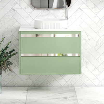 Royal Bathrooms Orion 800mm Mint Sage Wall Hung Plain White Countertop Vanity Unit 2 Drawer With Lyon Basin & Chrome Accent Trim - image 1