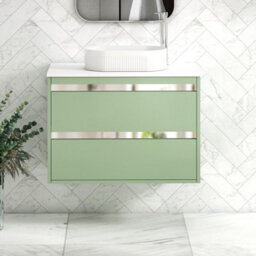 Royal Bathrooms Orion 800mm Mint Sage Wall Hung Plain White Countertop Vanity Unit 2 Drawer With Lyon Basin & Chrome Accent Trim - thumbnail 1