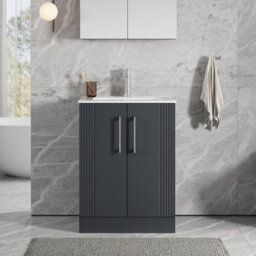 Balterley Belvide Partial Fluted 2 Door Floor Standing Vanity Unit With 1 Tap Hole Minimalist Basin - 600mm - Satin Dark Grey - thumbnail 2