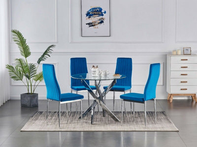 Furnizone UK Rolex 4-Seater 100Cm Round Clear Glass Dining Table And 4 Monza Blue Velvet Chairs - image 1
