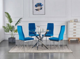 Furnizone UK Rolex 4-Seater 100Cm Round Clear Glass Dining Table And 4 Monza Blue Velvet Chairs
