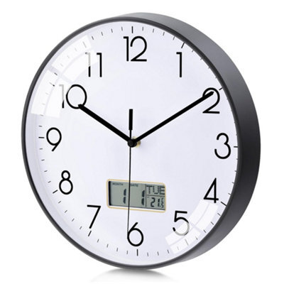 ATEK 12 Inch Silent Wall Clock With Date And Day Temperature Day Of Week Lcd Display For Living Room Lcd Digital Wall Clock Battery - image 1
