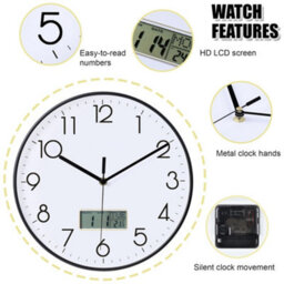 ATEK 12 Inch Silent Wall Clock With Date And Day Temperature Day Of Week Lcd Display For Living Room Lcd Digital Wall Clock Battery - thumbnail 4
