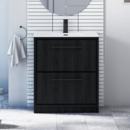 Royal Bathrooms Livora 700mm Black Woodgrain Floor Standing Bathroom Vanity Unit 2 Drawer With Ceramic Basin & Matt Black Handle - thumbnail 1