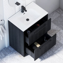 Royal Bathrooms Livora 700mm Black Woodgrain Floor Standing Bathroom Vanity Unit 2 Drawer With Ceramic Basin & Matt Black Handle - thumbnail 4