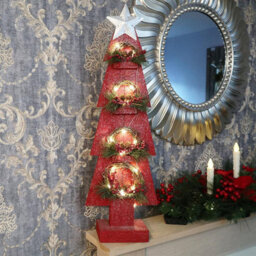 Shatchi Christmas Home Decoration Battery Operated Red Tree Tabletop Decorated With Berries, Pines And Small Warm White Bulbs - thumbnail 3