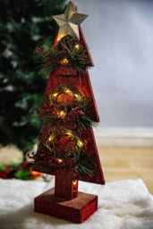 Shatchi Christmas Home Decoration Battery Operated Red Tree Tabletop Decorated With Berries, Pines And Small Warm White Bulbs - thumbnail 2