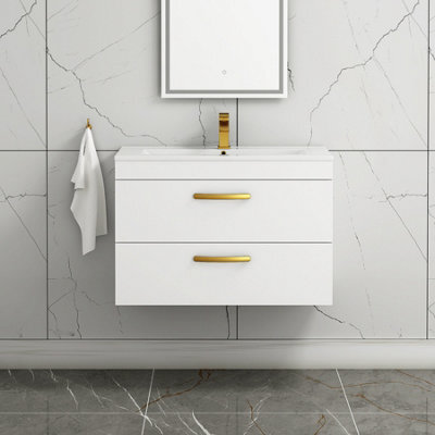Royal Bathrooms Turin Gloss White 800mm Wall Hung Vanity Unit 2 Drawer With Minimalist Basin Sink & Brushed Brass Handles - image 1
