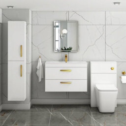 Royal Bathrooms Turin Gloss White 800mm Wall Hung Vanity Unit 2 Drawer With Minimalist Basin Sink & Brushed Brass Handles - thumbnail 4