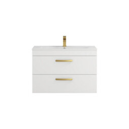 Royal Bathrooms Turin Gloss White 800mm Wall Hung Vanity Unit 2 Drawer With Minimalist Basin Sink & Brushed Brass Handles - thumbnail 6