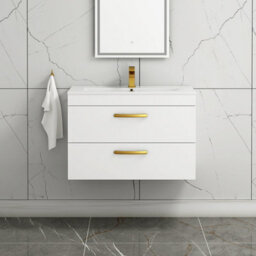 Royal Bathrooms Turin Gloss White 800mm Wall Hung Vanity Unit 2 Drawer With Minimalist Basin Sink & Brushed Brass Handles - thumbnail 1