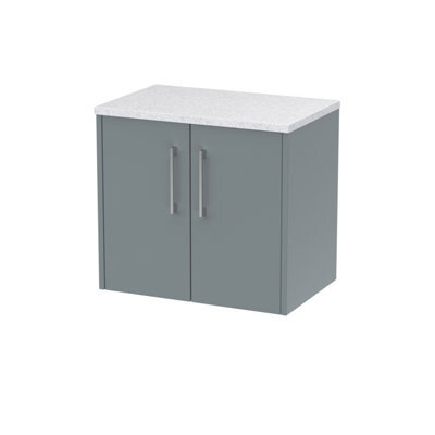 Nuie Hudson Reed Juno Wall Hung 2-Door Vanity Unit & Sparkling White Worktop, Stylish Countertop Basin Unit In Coastal Grey, 600mm - image 1