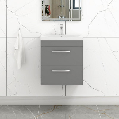 Royal Bathrooms Turin Indigo Grey Gloss 500mm Wall Hung Vanity Unit 2 Drawer With Mid-Edge Basin Sink - image 1