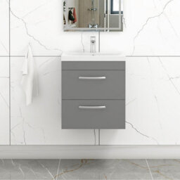 Royal Bathrooms Turin Indigo Grey Gloss 500mm Wall Hung Vanity Unit 2 Drawer With Mid-Edge Basin Sink