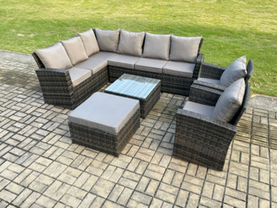 Fimous Rattan Garden Furniture Set Outdoor Lounge Corner Sofa Set With Square Coffee Table Big Footstool 2 Armchairs - image 1
