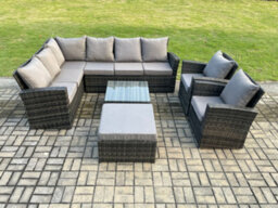 Fimous Rattan Garden Furniture Set Outdoor Lounge Corner Sofa Set With Square Coffee Table Big Footstool 2 Armchairs - thumbnail 2