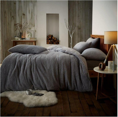 Gc Gaveno Cavailia Teddy Fleece Double Silver Duvet Set With Matching Pillowcase Fluffy Warm & Cosy Super Soft Bedding Set - image 1
