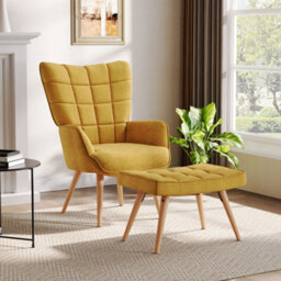 Thehotsale Yellow Armchair With Footstool And Wooden Legs
