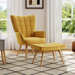 Thehotsale Yellow Armchair With Footstool And Wooden Legs - thumbnail 2