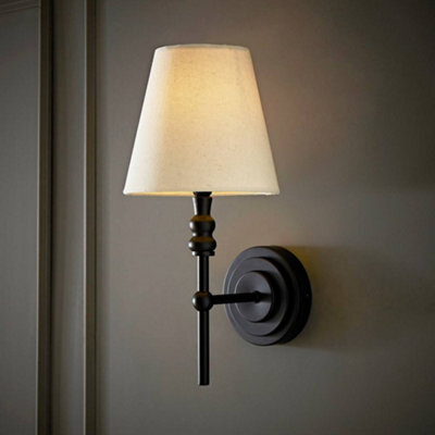 Valuelights Maggie Black Candlestick Wall Light With Linen Shade And Bulb - image 1