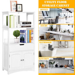 Gainoom Wooden Bathroom Floor Cabinet Freestanding Tall Storage Cupboard W/ 2 Open Shelves - thumbnail 7
