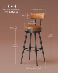 Songmics Retro Swivel Counter Chairs, Two Bar Stools With Backrest, Kitchen Home Bar Seating, Caramel Brown - thumbnail 2