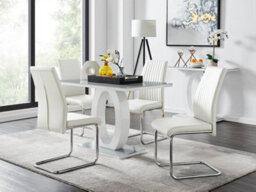 Furniturebox Giovani Rectangular 4 Seat White High Gloss Unique Halo Base Dining Table Grey Glass Top 4 White Faux Leather Lorenzo Chairs - thumbnail 1