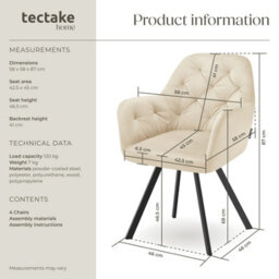 Tectake Set Of 4 Armchair Lucia - Padded, Quilted Pattern, 180 Degree Swivel Chair  - Cream - thumbnail 6
