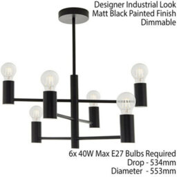 Semi Flush Ceiling Lamp Matt Black 6X Bulb Multi Light Industrial Urban Pendant - thumbnail 2