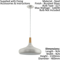 Stylish Pendant Ceiling Light In Brushed Silver And Brown Wood With Adjustable Height - thumbnail 2