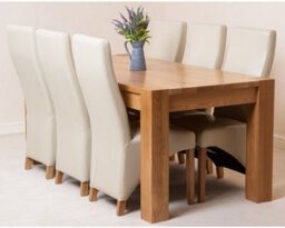 That's Furniture Kuba 180 X 90 Cm Chunky Oak Dining Table And 6 Chairs Dining Set With Lola Ivory Leather Chairs