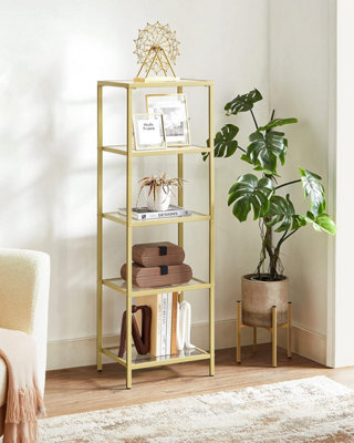 Songmics Glass Display Shelf, Bookcase, 5 Tier Organizer, Shelves, Tempered Glass, Easy Installation, Metallic Gold - image 1