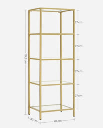 Songmics Glass Display Shelf, Bookcase, 5 Tier Organizer, Shelves, Tempered Glass, Easy Installation, Metallic Gold - thumbnail 2