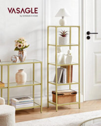 Songmics Glass Display Shelf, Bookcase, 5 Tier Organizer, Shelves, Tempered Glass, Easy Installation, Metallic Gold - thumbnail 3