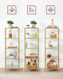 Songmics Glass Display Shelf, Bookcase, 5 Tier Organizer, Shelves, Tempered Glass, Easy Installation, Metallic Gold - thumbnail 7